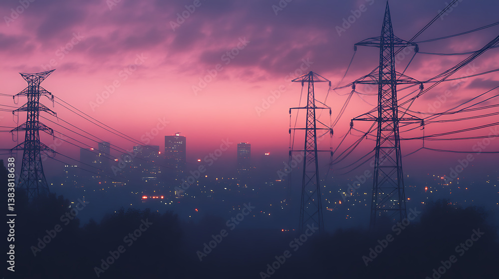 Poster electricity grid infrastructure at dusk, highlighting the critical importance of protecting power tr
