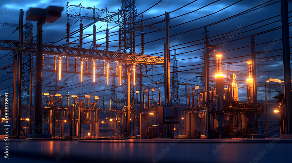 Poster electricity grid infrastructure at dusk, highlighting the critical importance of protecting power tr