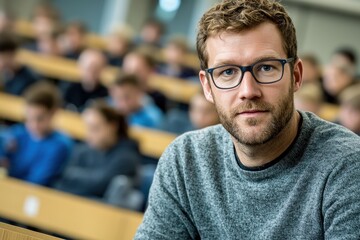 Fototapeta premium A serious looking man with glasses is sitting in a lecture hall full of students during a university lecture and listening attentively with a focused expression on his face.