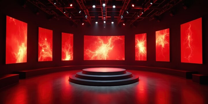 Futuristic stage setup with glowing red screens and circular platform, perfect for presentations and events. dynamic lighting creates an engaging atmosphere.