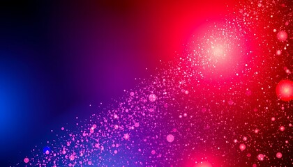 Obraz premium The image shows an arrangement of glowing, transparent bubbles and dust particles. The background features a gradient of deep blue, purple, and red hues