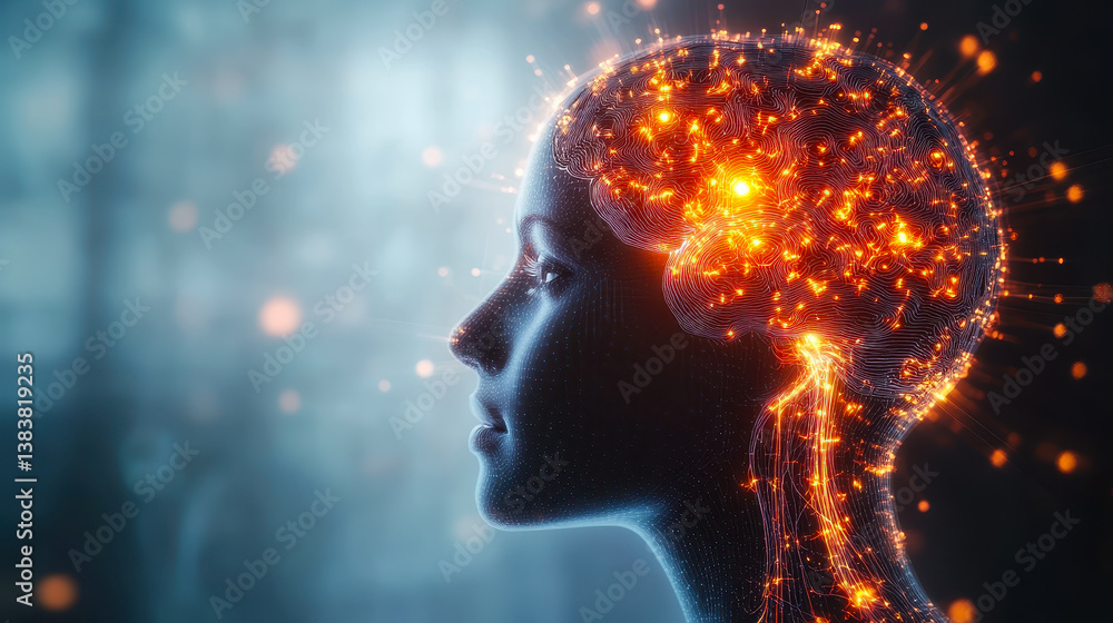 Poster human brain with neural network visual representation for artificial intelligence, deep learning, an