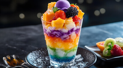 A vibrant rainbow shaved ice dessert with layers of colorful ice, topped with fresh fruits and a scoop of ice cream, creating a visually appealing and refreshing treat.