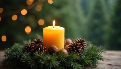 Close-up of Advent wreath made natural materials. Lit beeswax candle with evergreen forest background, Christmas holiday spirit. Seasonal decoration. Festive cozy mood. Spiritual home decor.
