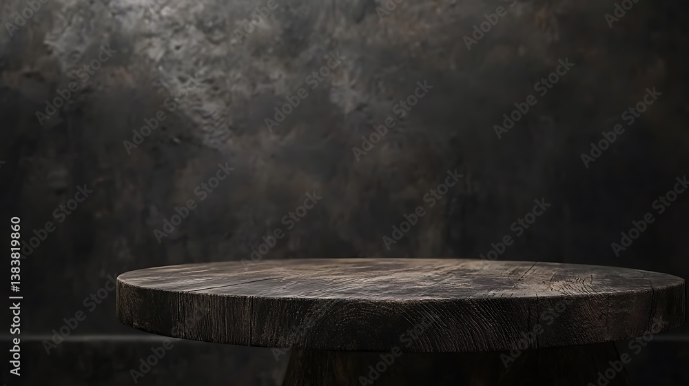 Poster empty old wood table and black background for product display presentation with dark concrete wall, 