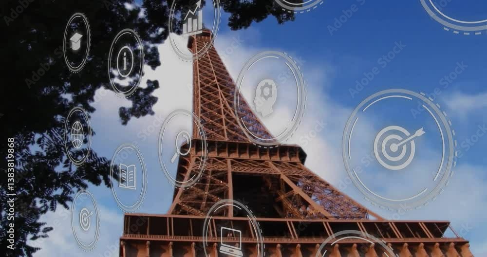 Poster eiffel tower with animation of digital icons representing technology and communication