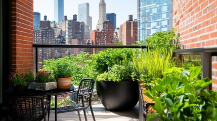 Fototapeta premium Urban Balcony Garden with Lush Greenery and City Skyline View