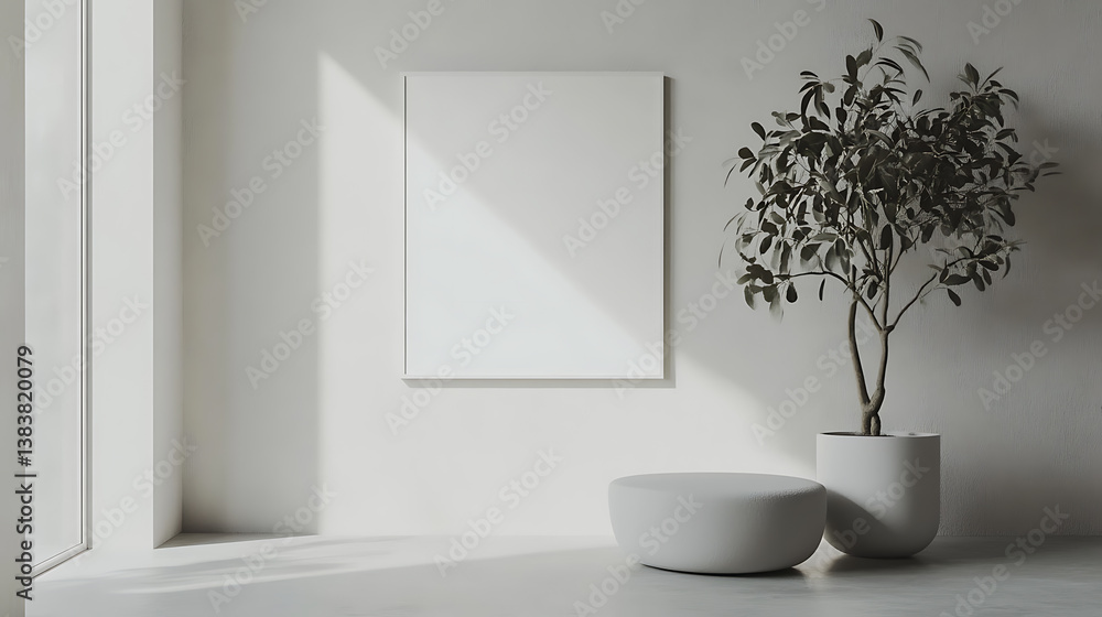 Poster empty white frame hanging in simple light concrete gallery interior, mock up, 3d rendering