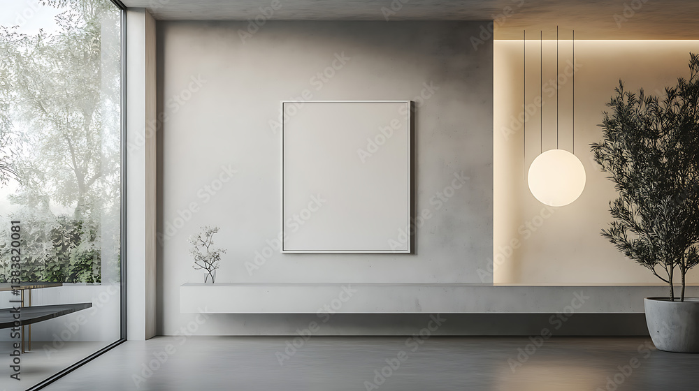 Aufkleber empty white frame hanging in simple light concrete gallery interior, mock up, 3d rendering
