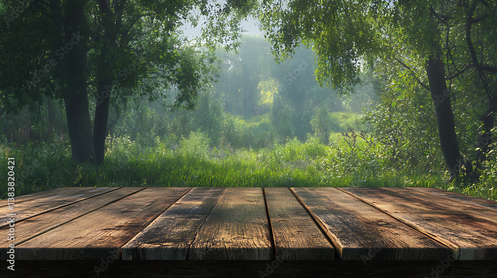 Poster empty wooden table in front of green forest background, ready for product display montage