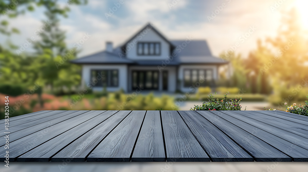 Poster wooden table top with blurred garden and house background for product display presentation