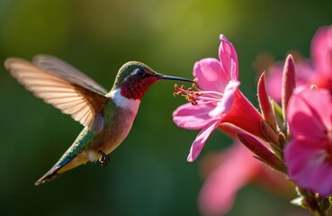 Fototapeta premium Hummingbird collects nectar from pink flower. Tiny bird in flight near blossom, pollination process. Summer photo, floral art. Nature background shows vibrant plants in the garden.