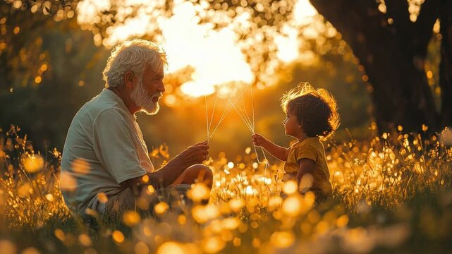 Golden Bond: A tender moment unfolds as a grandparent and grandchild connect amidst a sun-drenched field, symbolizing a loving connection and generational heritage.
