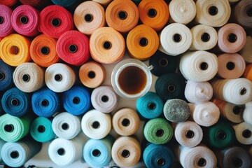 Creative workspace filled with colorful fabric rolls and a coffee cup Generative AI