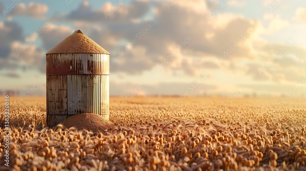 Poster a grain storage container in a wide-open field, filled with lentil grains. the container is sturdy a