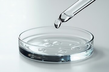 a glass petri dish and dropper with clear liquid. clinical beauty aesthetic, modern scientific theme