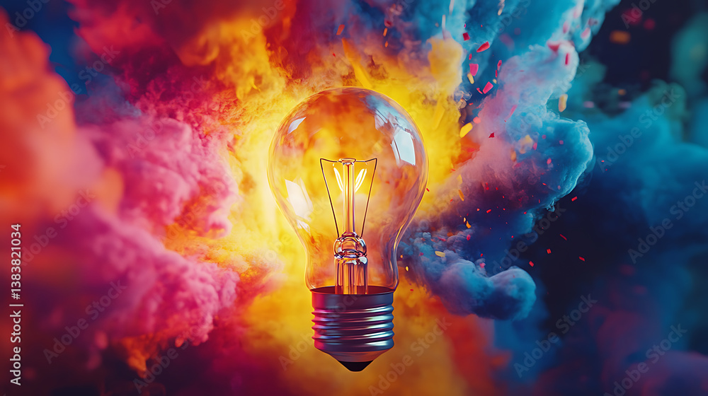Fototapete Exploding creativity, with light bulb exploding in colorful colors