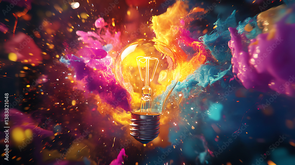 Fototapete Exploding creativity, with light bulb exploding in colorful colors