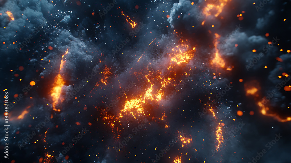 Poster explosions of bombs on a black background, flames and flashes from dynamite