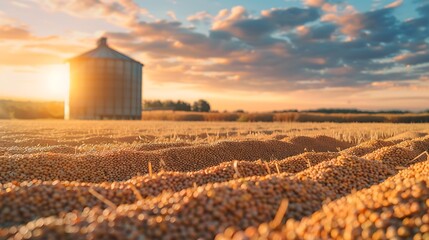A grain storage container in a wide-open field, filled with lentil grains. The container is sturdy and weatherproof, designed to protect the grains from the elements and maintain their freshness.