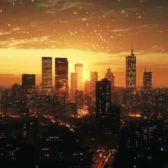 Fototapeta premium Beautiful Sunset Over Cityscape with Glittering Lights at Dusk