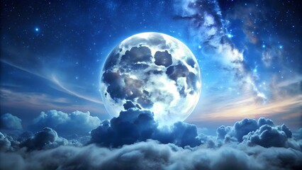 Magical Full Moon Above Clouds in Starry Night Sky