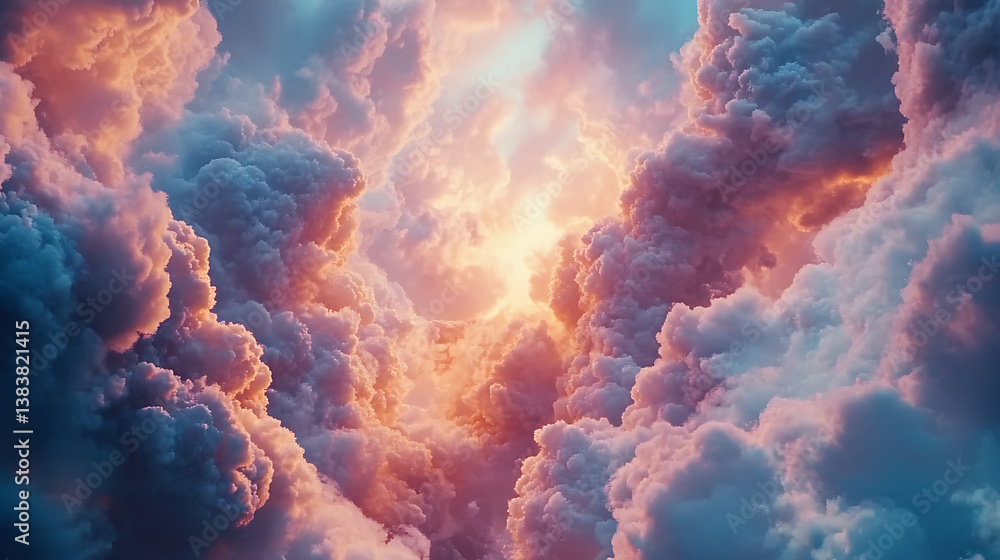Poster fantasy background with pink clouds in sky, abstract heaven texture with fluffy pastel clouds in blu