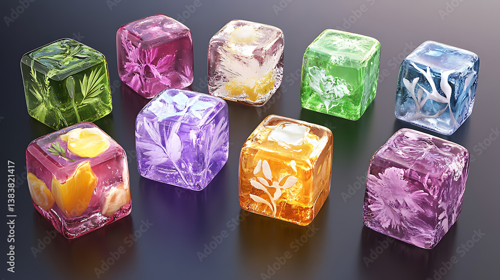 Aufkleber Fancy ice cubes, these creatively designed frozen water forms add a touch of sophistication and fun to beverages, often infused with flavors, colors, or edible decorations