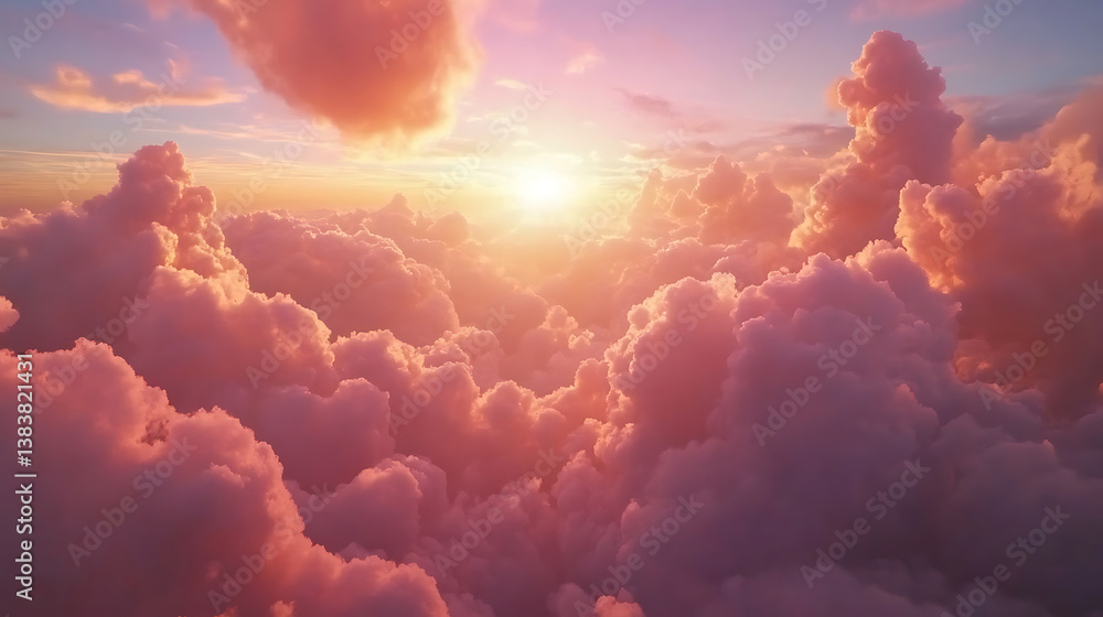 Poster fantasy background with pink clouds in sky, abstract heaven texture with fluffy pastel clouds in blu