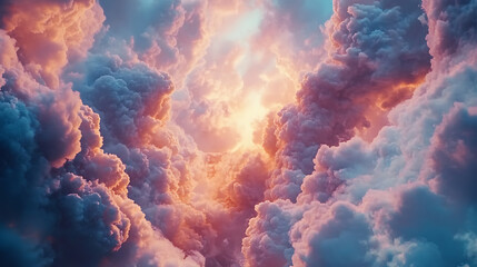 Fantasy background with pink clouds in sky, abstract heaven texture with fluffy pastel clouds in blue sky at sunset