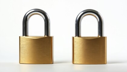 Naklejka premium Two golden padlocks on white background. Chrome arches, solid metal body. Security access control, protection of data, safe storage, online privacy. Secure financial transactions. Confidentiality,