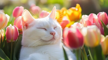 White cat naps in spring tulips, sunny garden