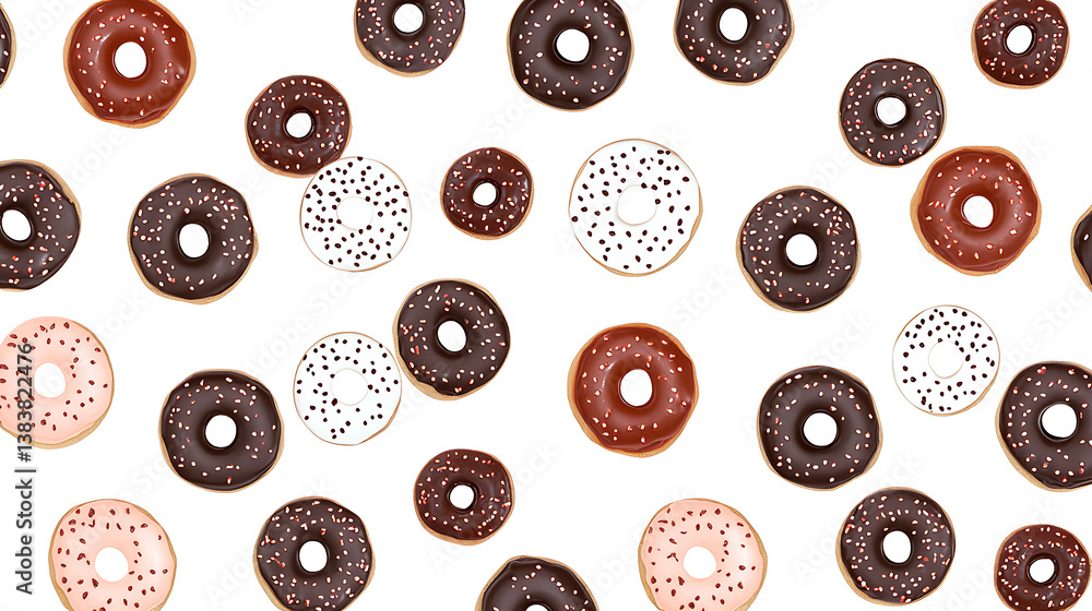 Poster flatlay donuts pattern with white background