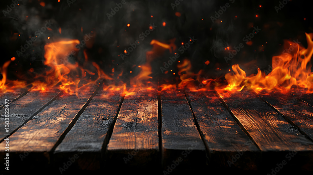 Aufkleber flaming bbq fire on black background and empty rustic wooden table