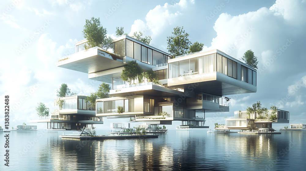 Poster floating building project concept, innovative architectural design principles to address challenges 