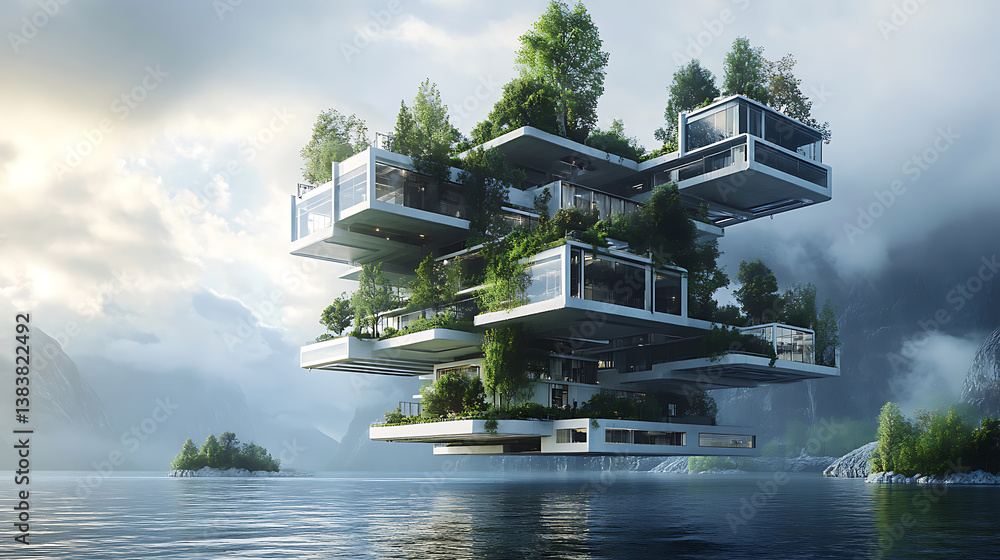 Leinwandbilder floating building project concept, innovative architectural design principles to address challenges 