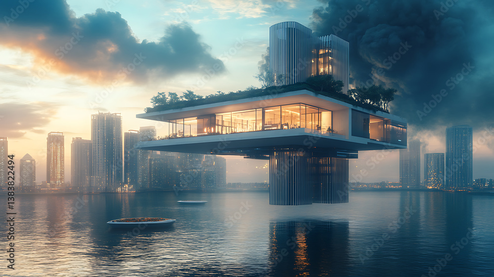 Poster Floating building project concept, innovative architectural design principles to address challenges of space and environmental concerns, introducing a new perspective on urban planning
