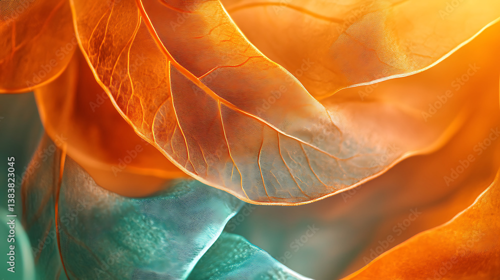 Poster flowing abstract macro photography of orange and teal leaf patterns