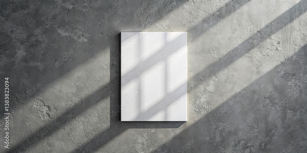 Poster a blank canvas sits on a textured concrete surface, illuminated by sunlight filtering through nearby