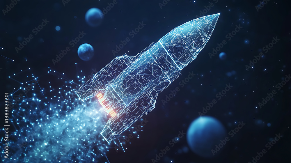Aufkleber Flying rocket with planets in space, low poly style design, abstract geometric background, wireframe light connection structure, modern 3d graphic concept, isolated illustration