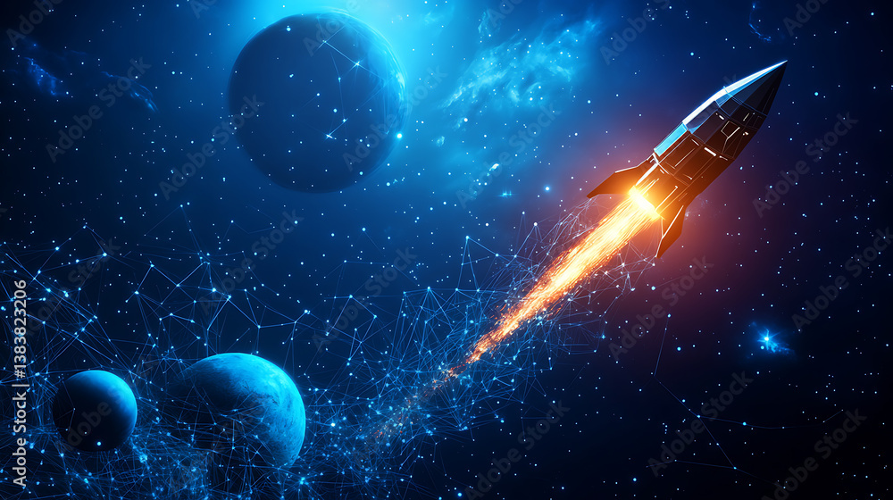 Poster Flying rocket with planets in space, low poly style design, abstract geometric background, wireframe light connection structure, modern 3d graphic concept, isolated illustration