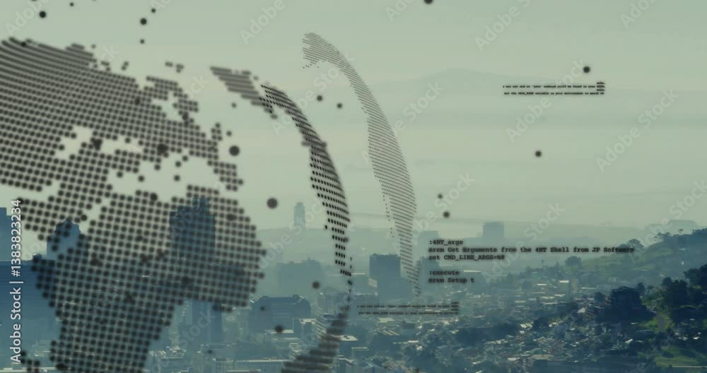 Poster cityscape background with digital world map overlay and coding animation moving