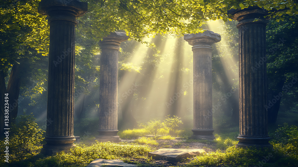 Poster forest landscape with abandoned old ruins, stone columns with the rays of the sun through the crowns