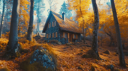 Forest in autumn with a house in a clearing, trees with orange foliage