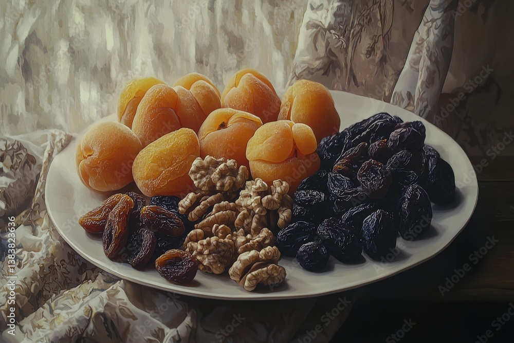 Poster still life of dried apricots, prunes and walnuts on a white plate with a patterned cloth, creating a