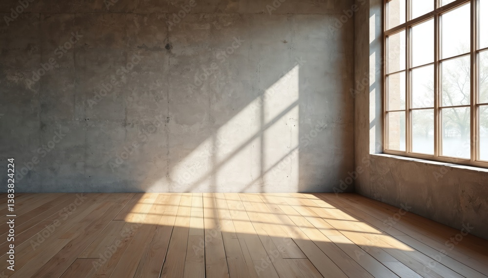 Poster empty room with stone wall and wooden floor. concrete wall with large window with daylight. shadow f