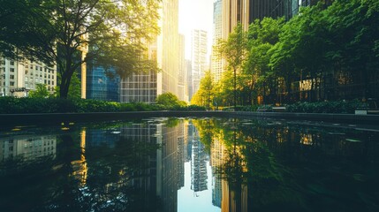 Obraz premium Urban Oasis: Skyscrapers Mirrored in a Tranquil City Pond