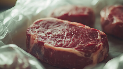 Obraz premium Fresh raw beef ribeye steak sealed in a vacuum pack, preserving its quality and freshness