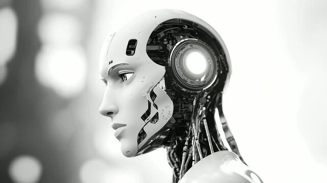 A close-up view of a humanoid cyborg robot in black-and-white, emphasizing the detailed and realistic features of its mechanical design. The image captures the fusion of human aest