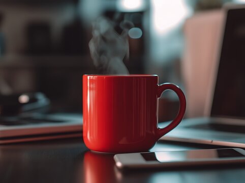 Red coffee mug on the desk in the office, blurred background with copy space for a text stock photo contest winner, blurry office environment, computer and notebook, laptop screen